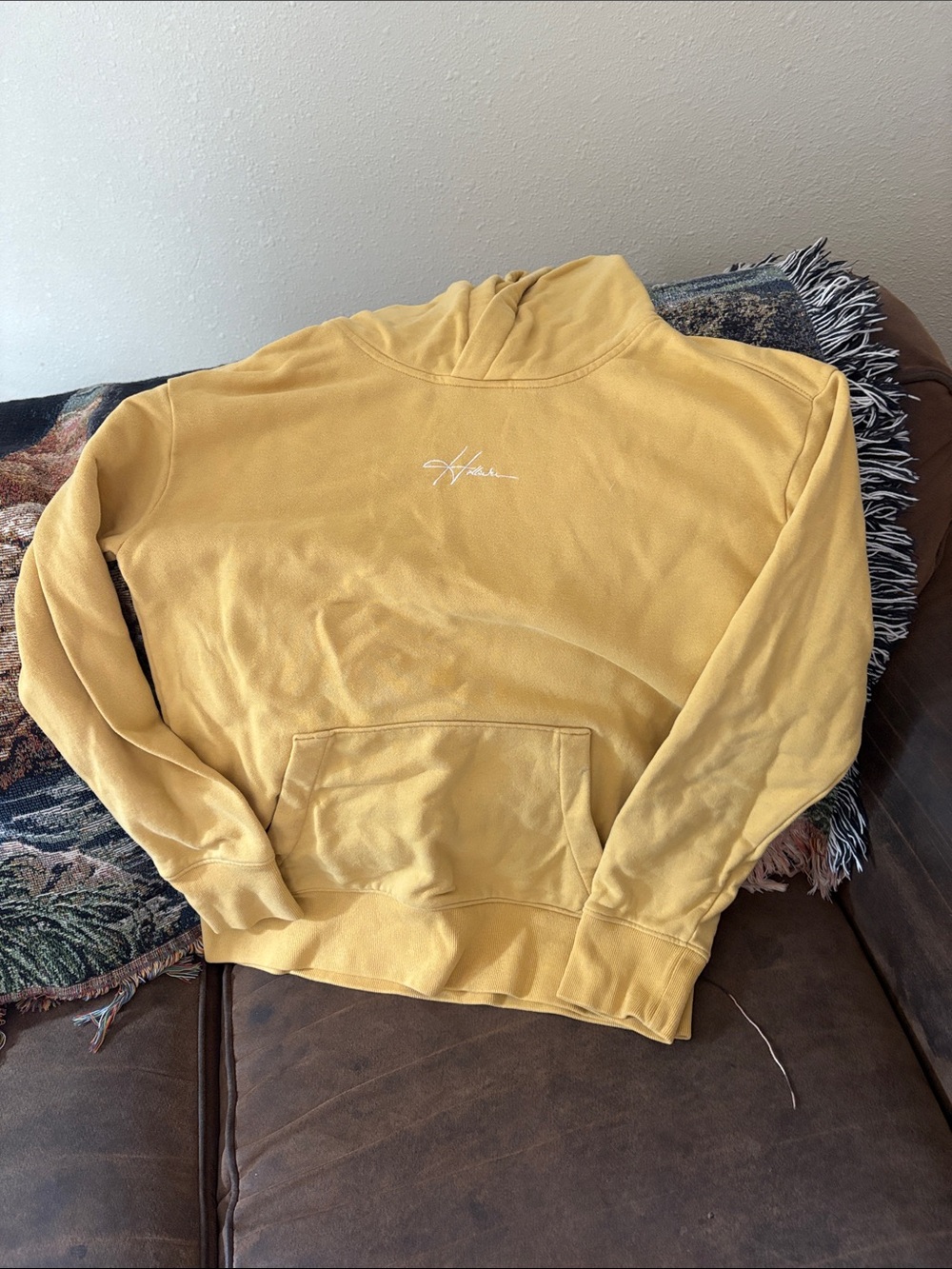 Hollister Mustard Yellow Pullover Hoodie with Script Logo